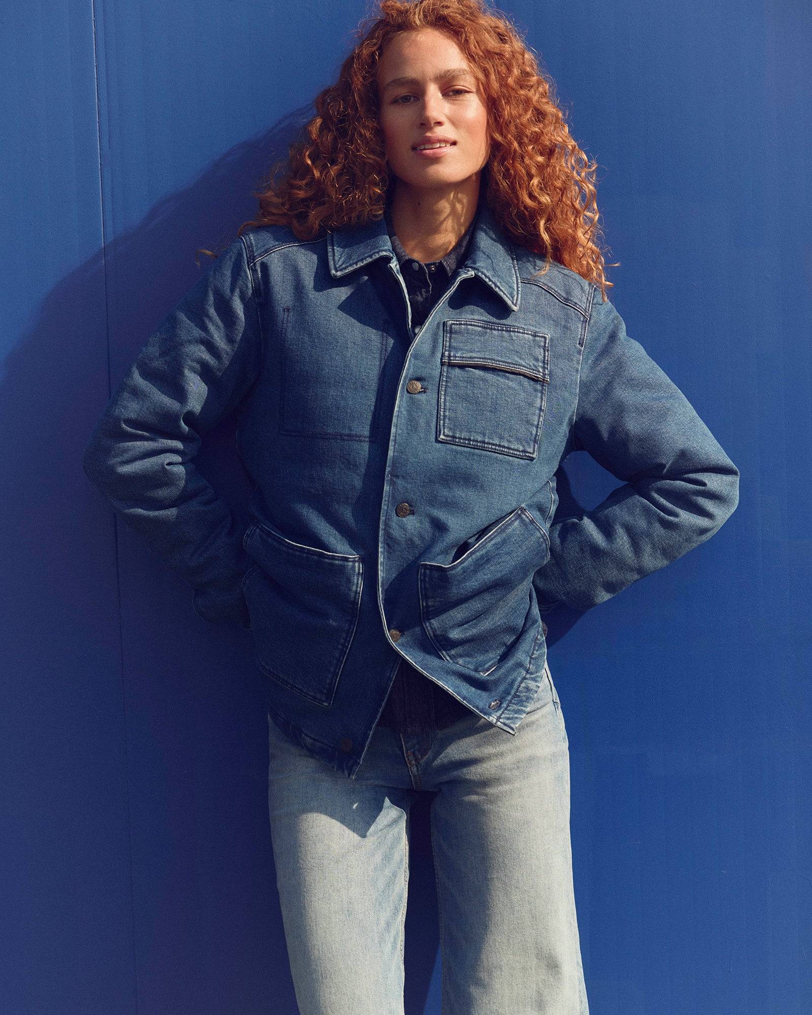 Down jacket Dark denim jeans overshirt Worker JOTT x DENHAM